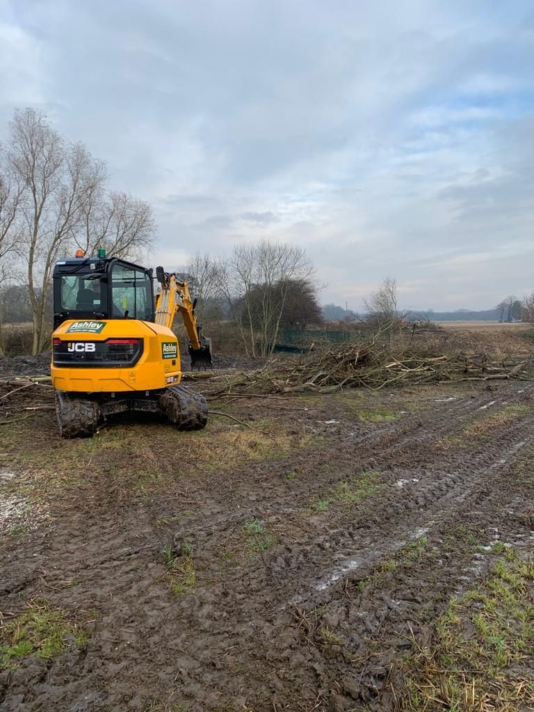 Excavator in a muddy field with tree branches and overcast sky in the background.